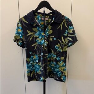 Tropical Floral Short Sleeve Blouse - Blue and Green